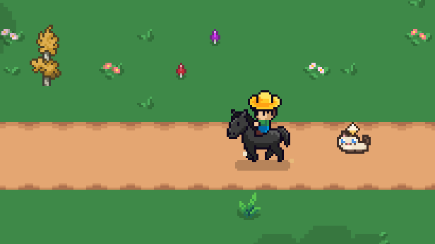 The farmer rides a black horse along the village road, a cat trotting behind