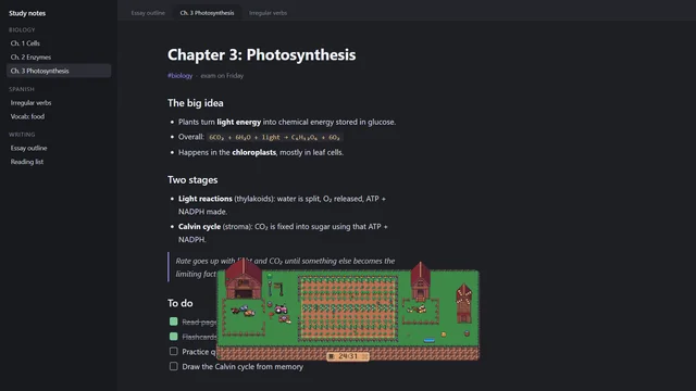 Desktop mode: the panorama along the bottom of a notes app