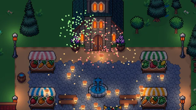 Festival night: sky lanterns and fireworks over the square
