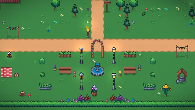 A decorated garden with paths, a fountain and lanterns