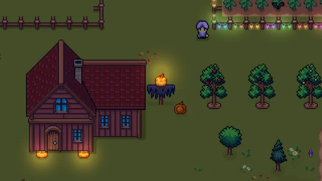 A Halloween night: the scarecrow's lantern and pumpkins glowing by the farmhouse