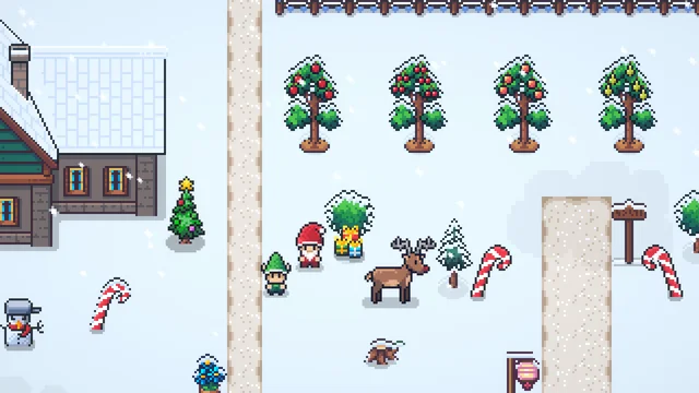Santa, an elf and a reindeer by the farmhouse at Christmas
