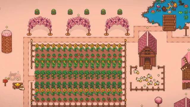 The farm in spring: cherry blossom over the barn, the arbors and the field