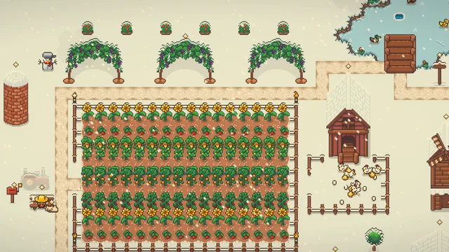 The same farm under snow at Christmas, the pond frozen