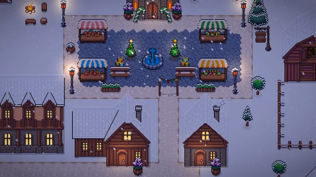 The town on a winter evening, Christmas trees in the square